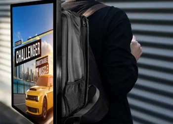 Un homme marchant dans une rue animée, portant un sac à dos équipé d'un écran publicitaire lumineux affichant une publicité pour une marque de café. lemirak