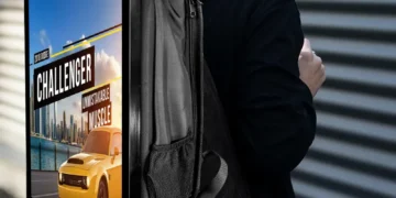 Un homme marchant dans une rue animée, portant un sac à dos équipé d'un écran publicitaire lumineux affichant une publicité pour une marque de café. lemirak